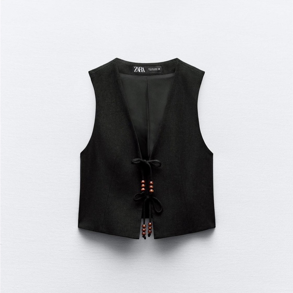 Zara Linen Blend Vest with Beaded Bows